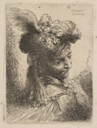 Jeune homme de trois quarts à droite portant une coiffe en fourrure avec une plume, bijou, vers 1645-50 - Giovanni Benedetto Castiglione