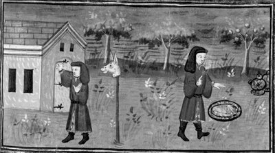 Décaméron,Fédéric frappe à la porte de madame Tessa ; l’homme trouve de la nourriture et du vin sous un pêcher . Septième journée, nouvelle 1 - Giovanni Boccaccio
