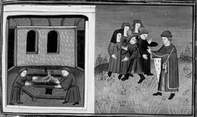 Décaméron,Giovanni del Bragoniera et Biagio Pizzini volent la relique à frère Ciboule ; le frère marque les vêtements des villageois avec les charbons . Sixième journée, nouvelle 10 - Giovanni Boccaccio