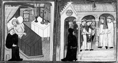 Décaméron,La confession de Ciappelletto mourant ; les fidèles sont invités à la dévotion. Première journée, nouvelle 1. - Giovanni Boccaccio