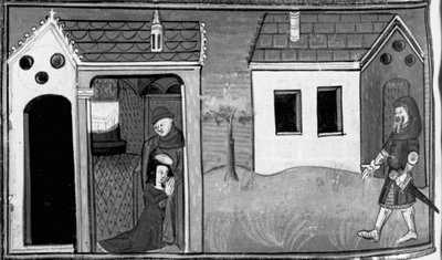 Décaméron, Arimino entend la confession de sa femme; l’homme monte la garde à la porte de la maison. Septième journée, nouvelle 5 - Giovanni Boccaccio