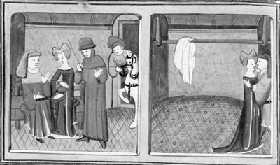 Décaméron, Francesco Vergellesi permet à Zima de parler avec sa femme; Zima et la femme de Francesco échangent un baiser. Troisième journée, nouvelle 5 - Giovanni Boccaccio