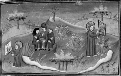 Décaméron, Michele Scalza discute avec ses amis ; Dieu enfant apprend à dessiner ; Dieu adulte montre un dessein accompli . Sixième journée, nouvelle 6 - Giovanni Boccaccio