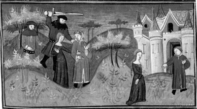 Décaméron, Pietro Boccamazza et l’Agnolella sont agressés dans les bois; le couple se rejoint. Cinquième journée, nouvelle 3 - Giovanni Boccaccio