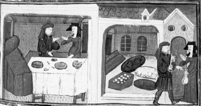 Décaméron, Salabaetto est assis à la table avec Iancofiore; Salabaetto se fait livrer la clé de l’entrepôt. Huitième journée, nouvelle 10 - Giovanni Boccaccio