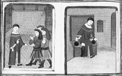 Décaméron, Simone da Villa parle avec Bruno et Buffalmacco; le maître tombe dans une latrine. Huitième journée, nouvelle 9 - Giovanni Boccaccio