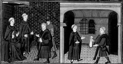Décaméron, Un inquisiteur interroge un homme; l’homme remet de l’argent à l’inquisiteur. Première journée, nouvelle 6. - Giovanni Boccaccio