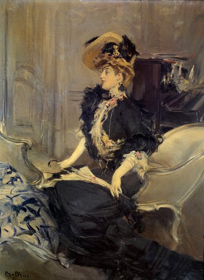 Belle Époque : « la visite » Jeune femme élégante en robe de soirée (peinture de Giovanni Boldini) - Giovanni Boldini