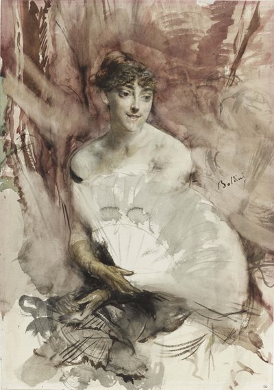 Femme avec éventail assise dans une loge de théâtre, Comtesse de Rasti, vers 1878 - Giovanni Boldini