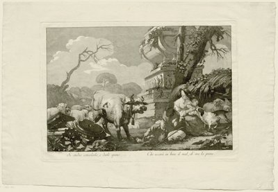 Famille de bergers avec bétail près d