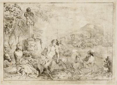 Paysage avec une famille de satyres et sculpture classique - Giovanni David after Giovanni Benedetto Castiglione