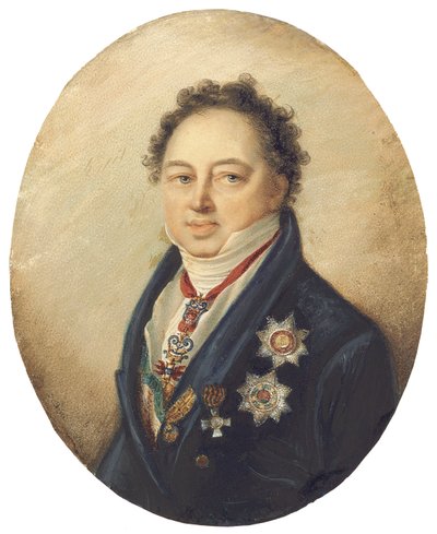 Comte Dmitry Pavlovich Tatishchev, de profil à gauche en manteau bleu, gilet blanc et cravate - Giovanni Domenico Bossi