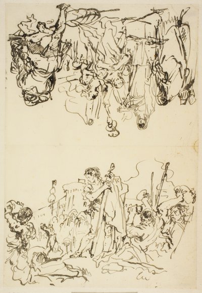 Feuille pliée avec "Le martyre de Saint Étienne et Agrippine débarquant à Brindisi avec les cendres de Germanicus" - Giovanni Domenico Tiepolo