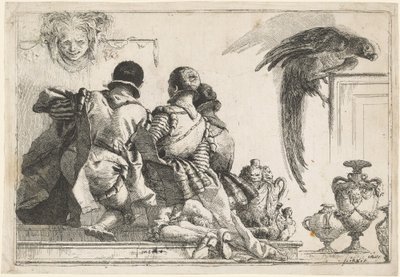 Pages agenouillées, un masque et un perroquet - Giovanni Domenico Tiepolo