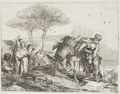 Marie, aidée par deux anges, suit Joseph avec l