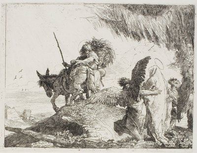 Marie, soutenue par deux anges, suit Joseph, planche 26 de La Fuite en Égypte - Giovanni Domenico Tiepolo