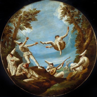 Les Polichinelles sur des balançoires, faisant de la musique et des acrobaties dans un paysage - Giovanni Domenico Tiepolo
