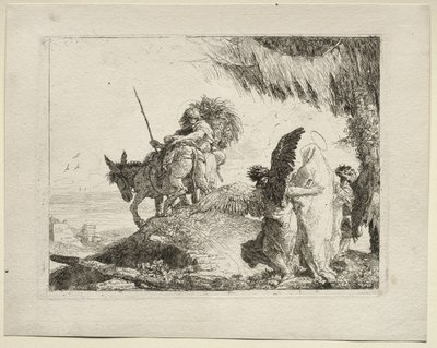 La fuite en Égypte : La fuite avec la Madone à droite soutenue par des anges - Giovanni Domenico Tiepolo