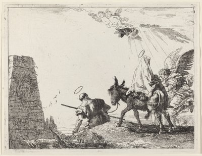La fuite avec obélisque à gauche - Giovanni Domenico Tiepolo