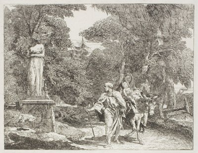 La Sainte Famille passant devant une statue, dont la tête tombe à terre, planche 22 de La Fuite en Égypte - Giovanni Domenico Tiepolo