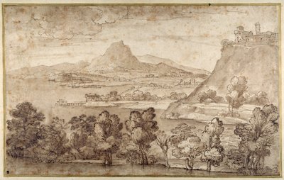 Paysage avec une ville sur une colline et une montagne plus lointaine - Giovanni Francesco Grimaldi