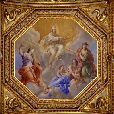 Religion et vertus théologales (Foi, Charité, Espérance). Peinture de Giovanni Romanelli (1601-1662) décorant le plafond de la Salle Antonine, chambre des appartements d