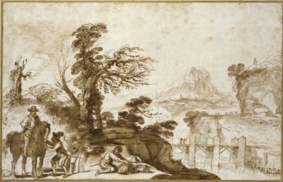 Paysage avec un cavalier et un pont - Giovanni Francesco Barbieri
