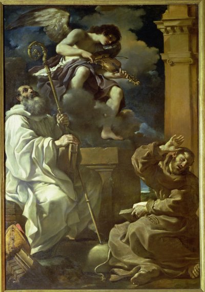 Saint François (1182-1226) en extase et Saint Benoît (480-527) avec un musicien ange, 1620 - Giovanni Francesco Barbieri