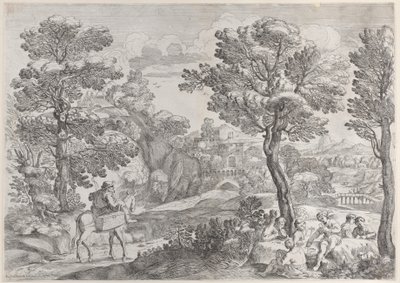Un groupe de personnes jouant aux cartes à droite et un homme à cheval à gauche - Giovanni Francesco Grimaldi