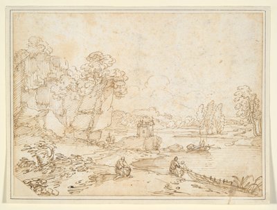 Falaises au bord de la rivière avec des pêcheurs - Giovanni Francesco Grimaldi