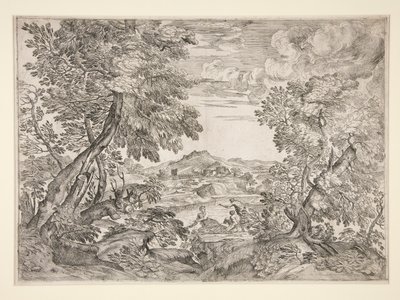 Paysage avec trois hommes près d