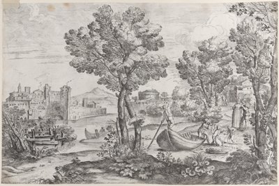 Paysage avec un homme tenant un serpent devant un enfant terrifié, observé par une personne à la mode, 1626-80 - Giovanni Francesco Grimaldi