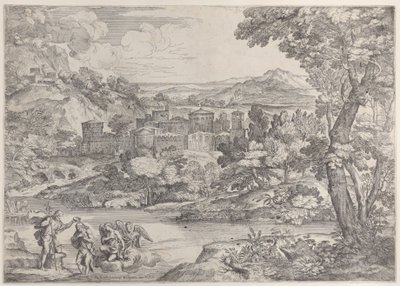 Le baptême du Christ en bas à gauche, dans un paysage - Giovanni Francesco Grimaldi