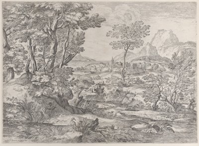 Trois garçons dans un paysage avec une ville en arrière-plan - Giovanni Francesco Grimaldi