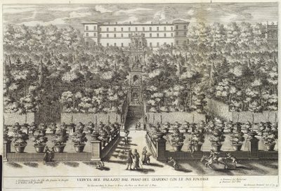 Veduta del Palazzo dal Piano del Giardino con le sue Fontane, de La Fontane, pub. c 1691 - Giovanni Francesco Venturini