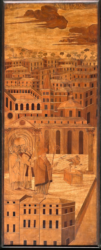 Gênes, Duomo (cathédrale Saint-Laurent), intérieur, abside, chœur, côté nord : "Saint Syrus chasse le basilic", marqueterie de bois par Anselmo De