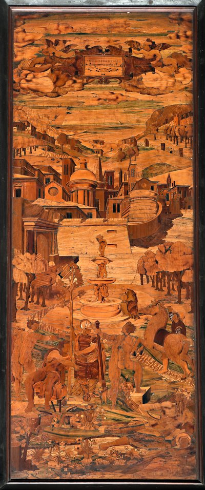 Gênes, Duomo (cathédrale Saint-Laurent), intérieur, abside, chœur, côté sud : "Allégorie", marqueterie de bois par Giovanni Francesco Zambelli (XVIe siècle) - Giovanni Francesco Zambelli