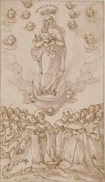 Madone et Enfant sur un croissant de lune apparaissant à un groupe de saints, prêtres et laïcs - Giovanni Guerra