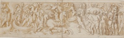 Soldats romains traversant une rivière en bateaux (largement restauré ; XXXIV)2 ; un soldat romain combattant (de la fin de XXIV) ; gardes romains amenant des prisonniers barbares devant l