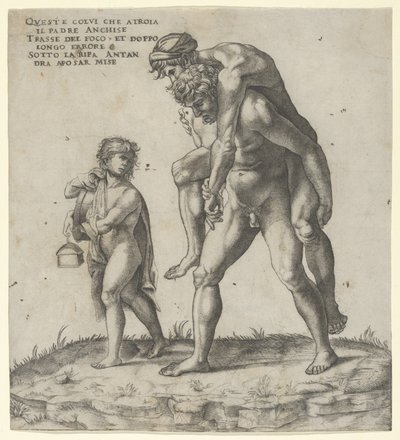 Énée sauvant Anchise, un jeune garçon portant une lanterne à gauche, vers 1525 - Giovanni Jacopo Caraglio