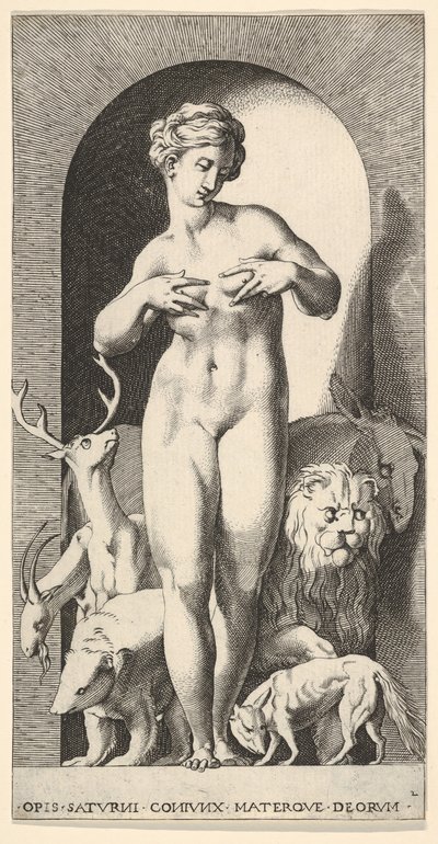 Planche 2: Ops debout dans une niche avec ses mains sur ses seins, regardant à sa gauche, avec..., 1526 - Giovanni Jacopo Caraglio