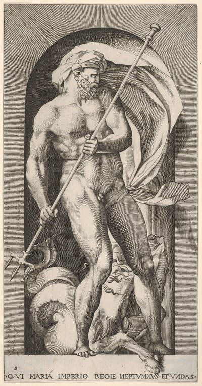 Neptune debout dans une niche tenant un trident, avec un hippocampe - Giovanni Jacopo Caraglio
