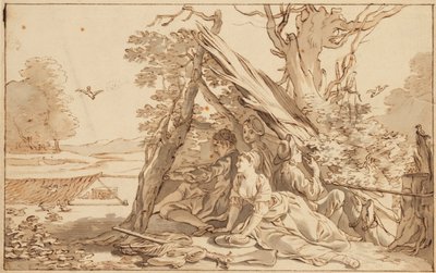 Trois jeunes hommes et une femme sous un abri - Giovanni Lanfranco