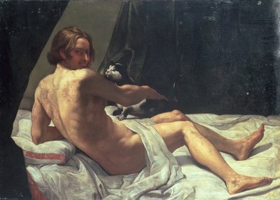 Jeune homme allongé sur un lit avec un chat - Giovanni Lanfranco