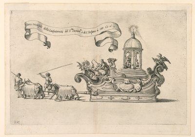 Un char de parade à Reggio, Italie: "Carro trionfale della Confraternità del S.to Sacrame.to di S. Stefano" (Le char triomphal de la Confrérie du Saint-Sacrement de Saint-Étienne). Planche 2a de A. Isacchi, "Relatione di Alfonso Isachi intorno l