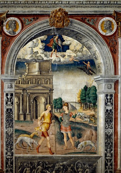 Signe du zodiaque : Verseau. Médaillons supérieurs avec portraits des empereurs Septime Sévère et Pescennius Niger, son rival. En dessous, légende associée à la naissance de la constellation correspondant au signe : la divinité Diane avec un chasseur - Giovanni Maria Falconetto