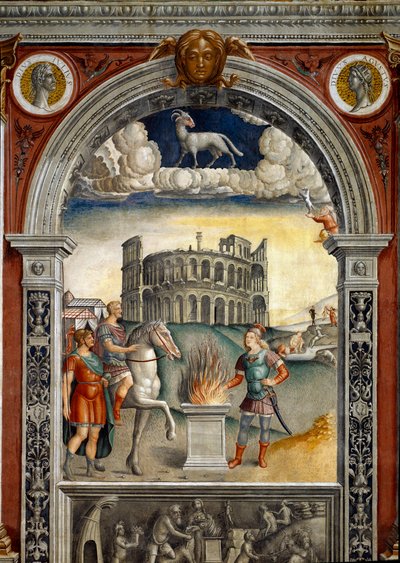 Signe du zodiaque : Bélier. Médaillons supérieurs avec portraits de Jules César et Auguste. En dessous, légende associée à la naissance de la constellation correspondant au signe : Caius Mucius Scaevola, introduit dans le camp ennemi du roi étrusque - Giovanni Maria Falconetto