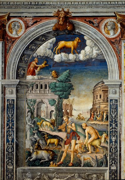 Signe du zodiaque : Taureau. Médaillons supérieurs avec portraits de Tibère et Caligula. En dessous, légende associée à la naissance de la constellation correspondant au signe : le dieu Pan jouant de la flûte. À gauche, une chèvre met bas un petit - Giovanni Maria Falconetto