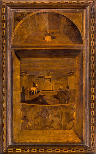 Chœur canonique lignaean, incrusté par Giovanni Maria Platina 1484, Stallo supérieur, Vue du château Sforzesco de Milan - Giovanni Maria Platina