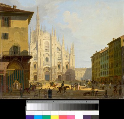 Vue de la Piazza Duomo à Milan, Italie (Place de la cathédrale à Milan) Peinture de Giovanni Migliara (1785-1837) 1828 Collection privée - Giovanni Migliara